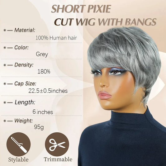 Men's Wig Pixie Cut Human Hair Short Hair With Bangs Silver White Gray 6 Inches Density 180% Machine Made For Men