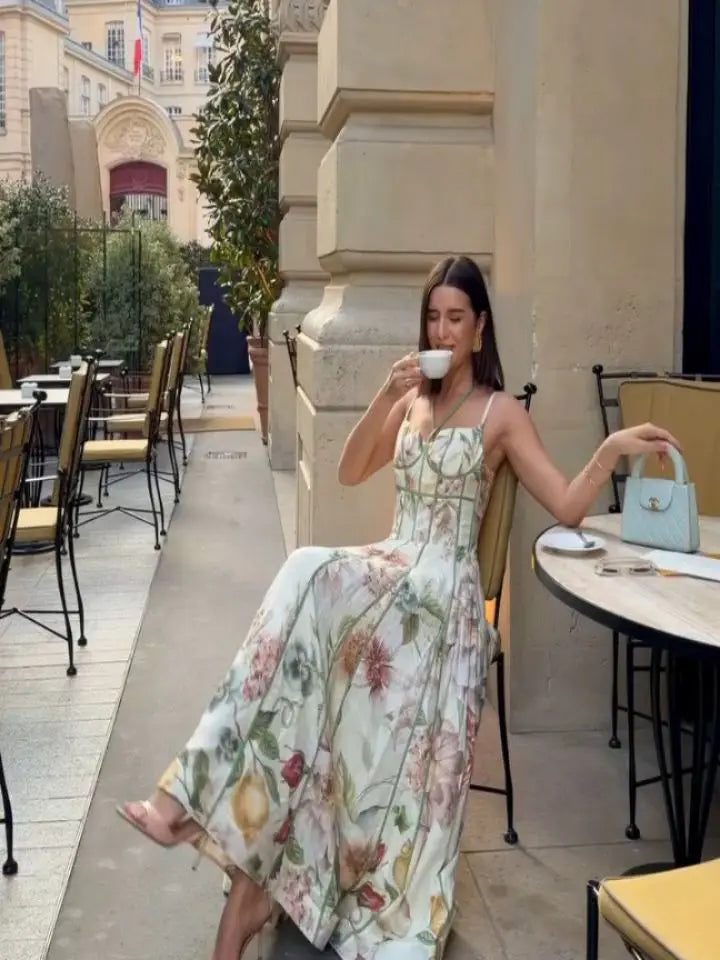 Elegant Floral Print Halter Dress Women Sleeveless Waist-closed A-line Dresses 2026 Spring Summer Fashion Female Vacation Robe