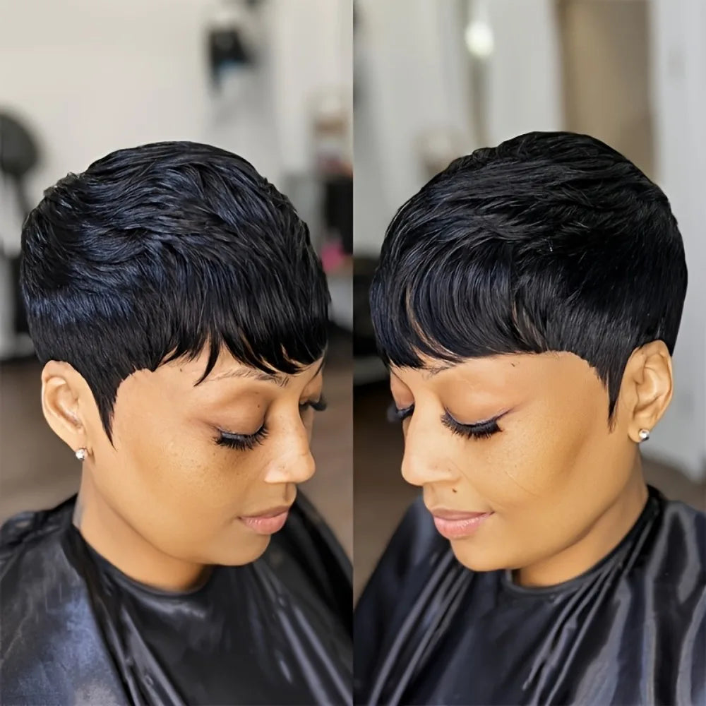 Human Hair Wigs for Women - Short Layered Pixie Cut with Bangs, 1B Color 150% Density Full Machine-Made Wig