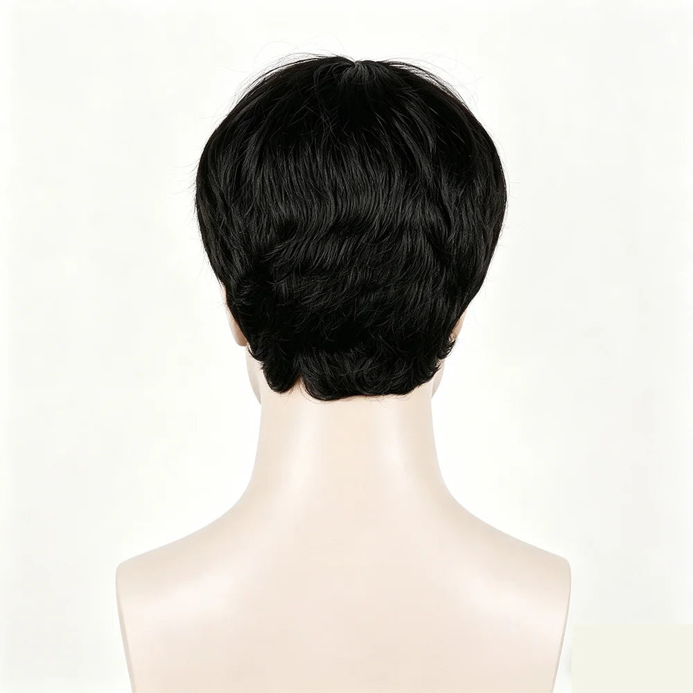 Men's Black Short Full Machine Made Wig with Straight Layered 100% Human Hair Wig with Bangs  for Daily Use