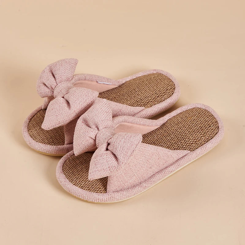 Women's Slippers for Spring, Autumn, and Summer, Indoor Home Non-Slip Wooden Floor Silent Slippers for All Seasons with Bowknot