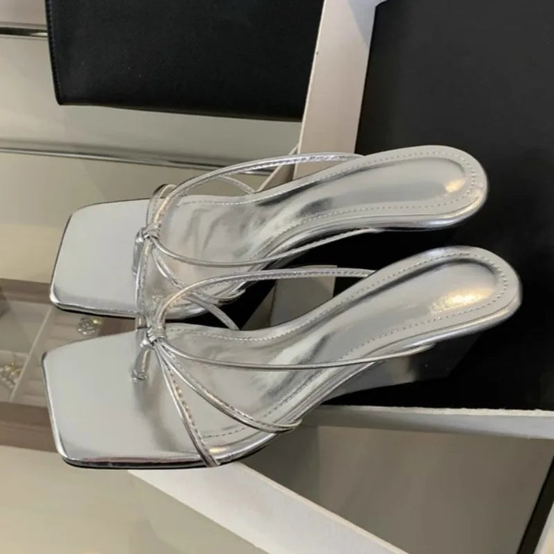 Slope Slippers Women's Fashion Square Head Clip Toe Set Foot Fine Strap Soft Sole Anti-slip Wear-resistant High Heels