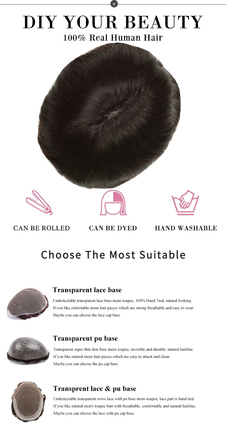 Human Hair System For Men Toupee Fine Mono Male Wig 130% Density Durable Hair Prosthesis Toupee Men 6" Hair Replacement Men Wig