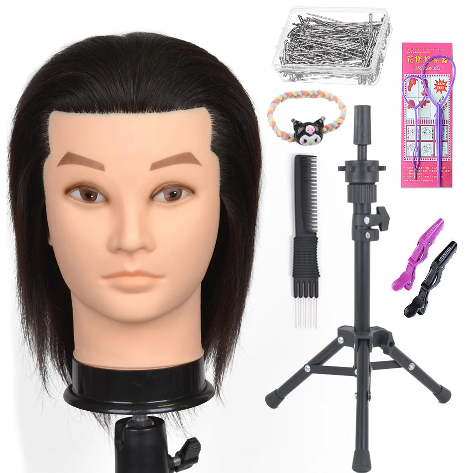 100% Human Hair Male Mannequin Head With Hair Beard Practice Manikin Hairdresser Cosmetology Training Doll Head For Hair Styling