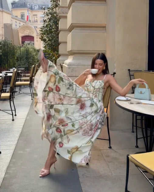 Elegant Floral Print Halter Dress Women Sleeveless Waist-closed A-line Dresses 2026 Spring Summer Fashion Female Vacation Robe
