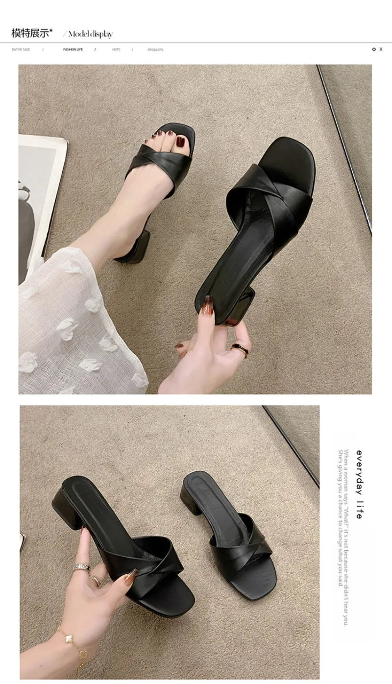 Women's Slippers Summer New Thick Heel Slipper Luxury Casual Leather Slippers for Women Square Toe Open Toe Slides Muller Slides