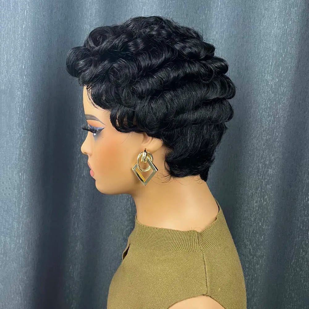 Short Human Hair Wigs for Black Women Curly Layered Pixie Cut Wig Remy Human Hair Machine Made Wigs for Daily Use