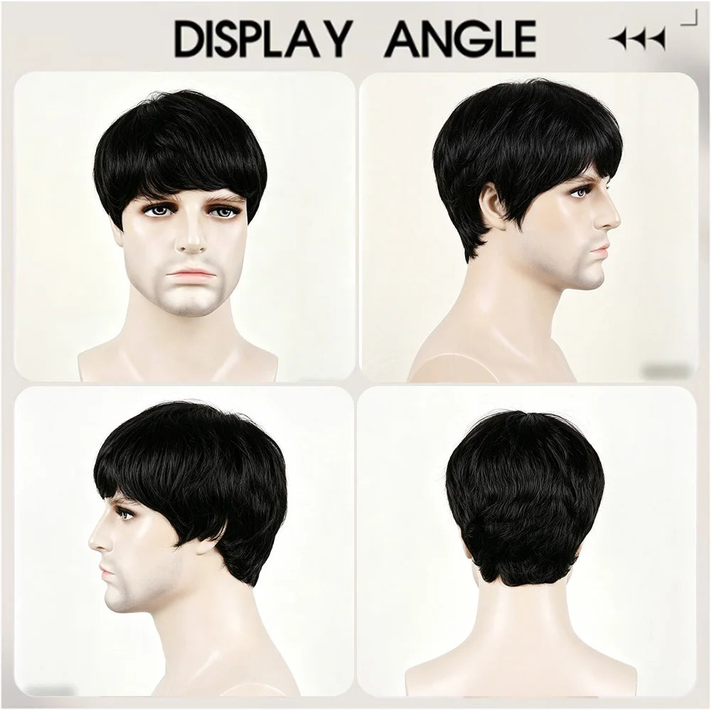 Men's Black Short Full Machine Made Wig with Straight Layered 100% Human Hair Wig with Bangs  for Daily Use