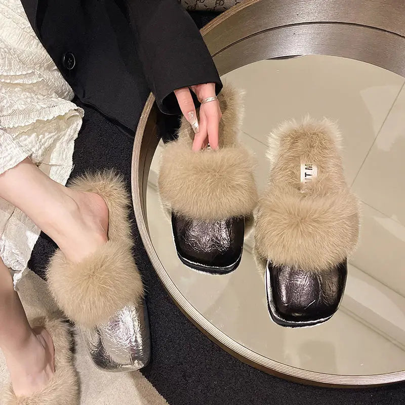 Women's Flat Slippers 2025 Autumn Winter Fashion Outdoor Warm Non Slip Plush Shoes Lightweight Comfortable Casual Half Slippers