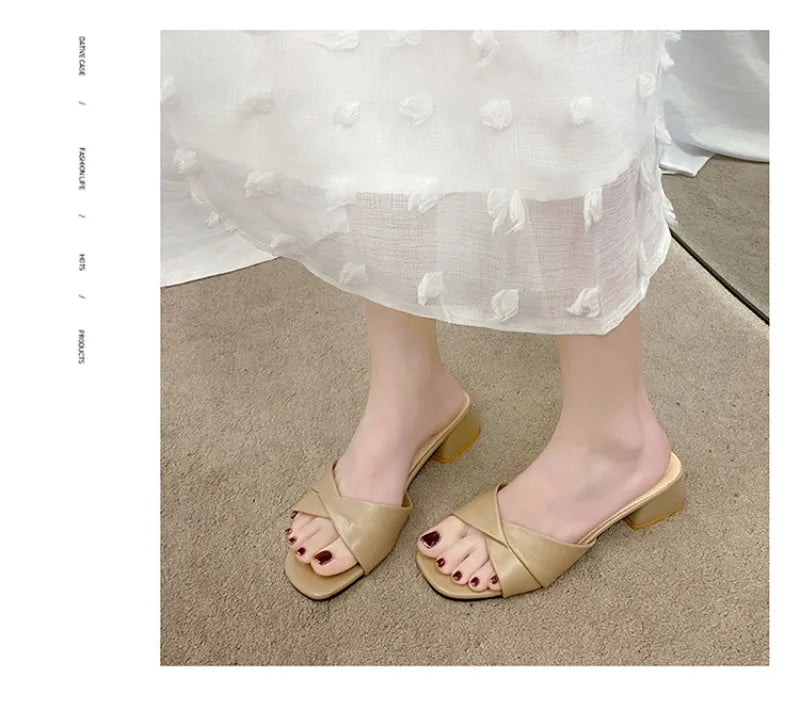 Women's Slippers Summer New Thick Heel Slipper Luxury Casual Leather Slippers for Women Square Toe Open Toe Slides Muller Slides