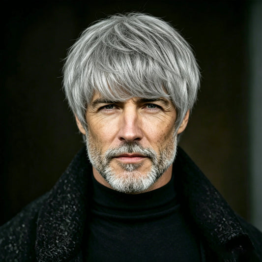 Men's Wig Pixie Cut Human Hair Short Hair With Bangs Silver White Gray 6 Inches Density 180% Machine Made For Men