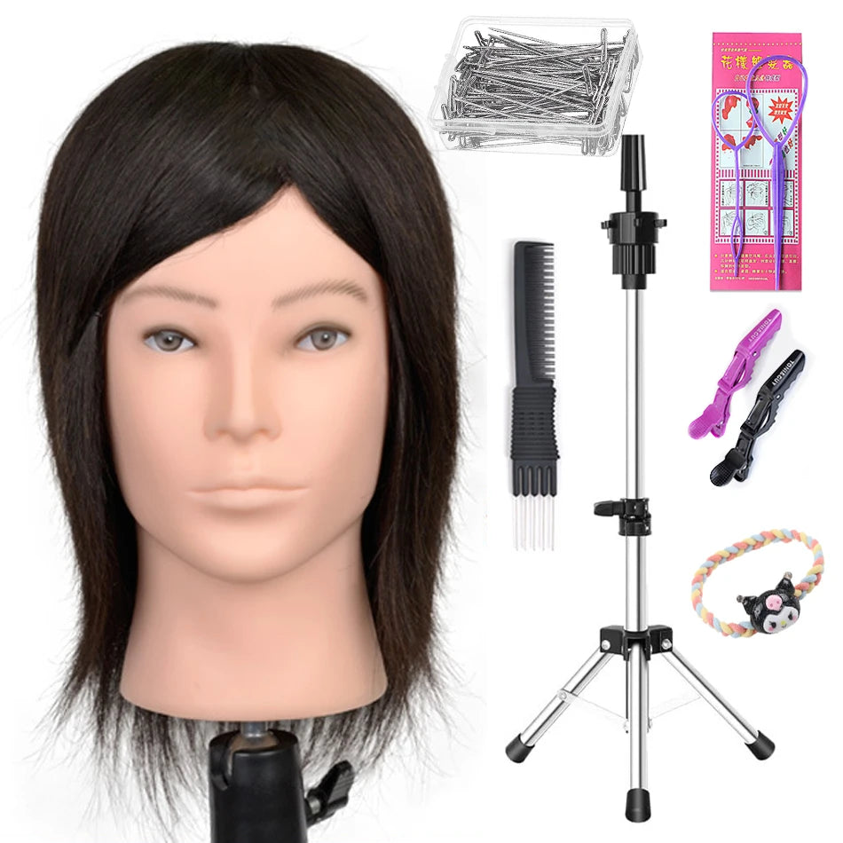 100% Human Hair Male Mannequin Head With Hair Beard Practice Manikin Hairdresser Cosmetology Training Doll Head For Hair Styling