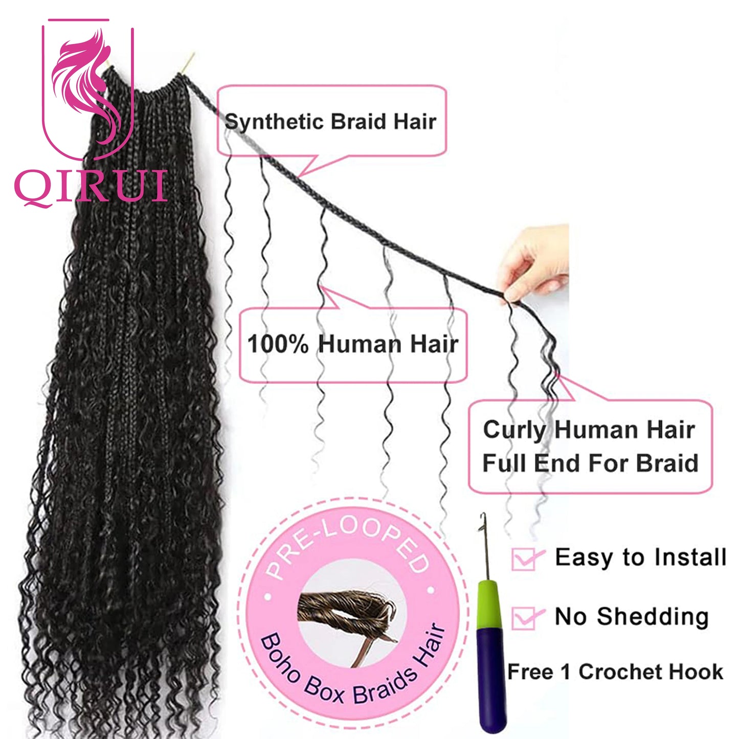Human Hair Crochet Boho Box Braids With Human Curls 18Inch Synthetic Braid With Human Hair Curls Braiding Hair Extensions