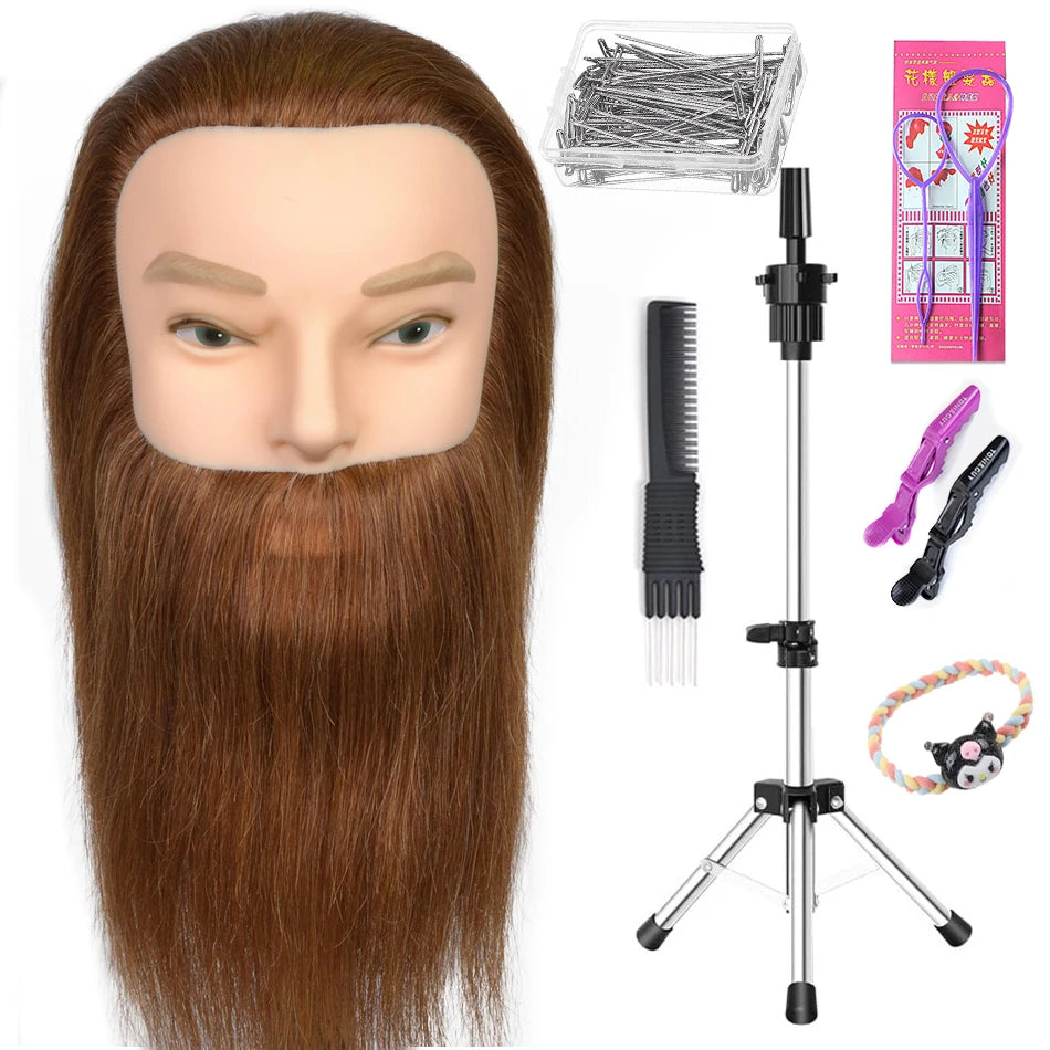 100% Human Hair Male Mannequin Head With Hair Beard Practice Manikin Hairdresser Cosmetology Training Doll Head For Hair Styling