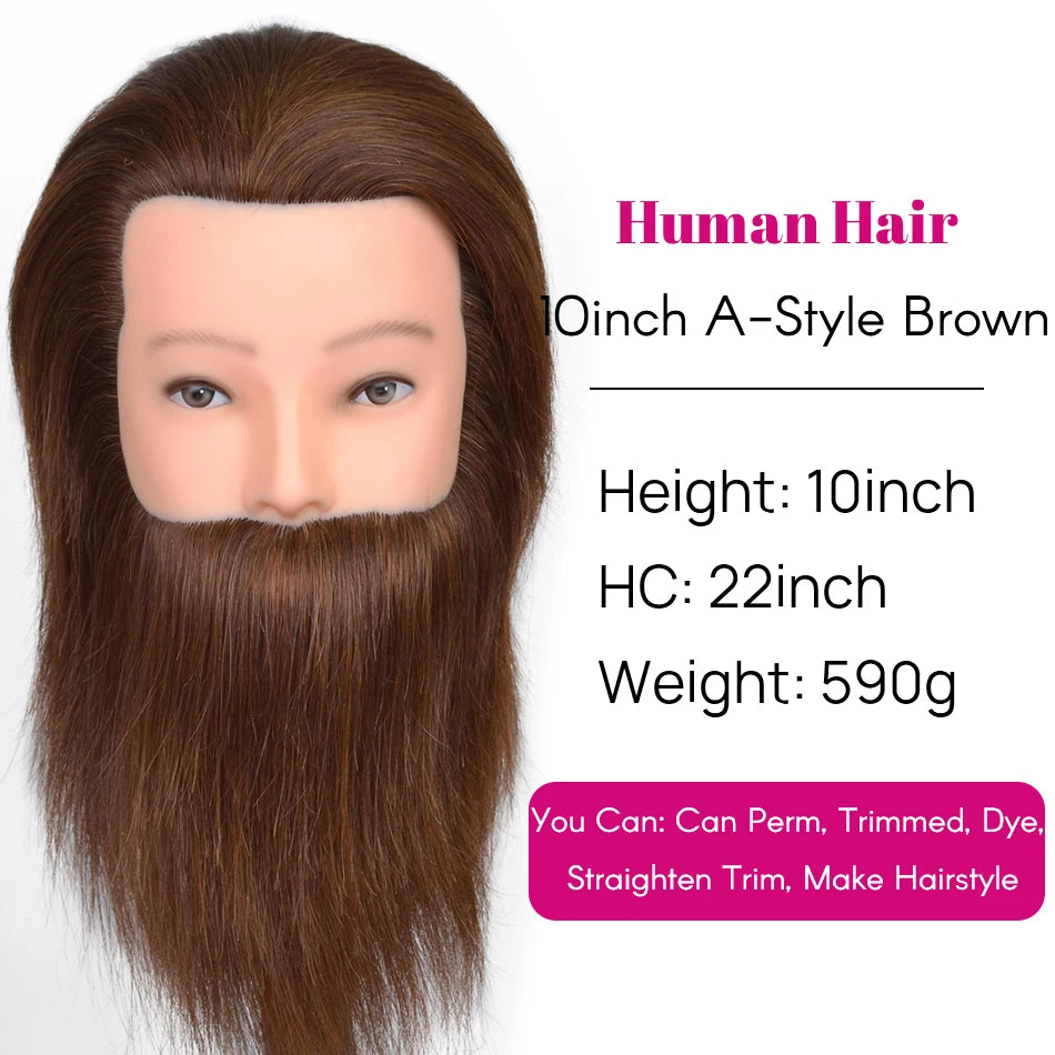 100% Human Hair Male Mannequin Head With Hair Beard Practice Manikin Hairdresser Cosmetology Training Doll Head For Hair Styling