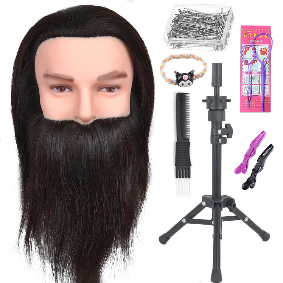 100% Human Hair Male Mannequin Head With Hair Beard Practice Manikin Hairdresser Cosmetology Training Doll Head For Hair Styling