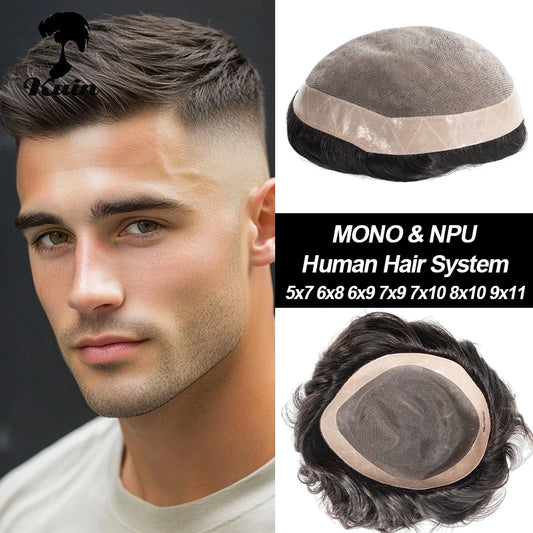 Men Human Hair Toupee Fine Mono NPU Human Hair Wigs Breathable Male Hair Prosthesis Indian Hair System Straight Wave Hairpiece
