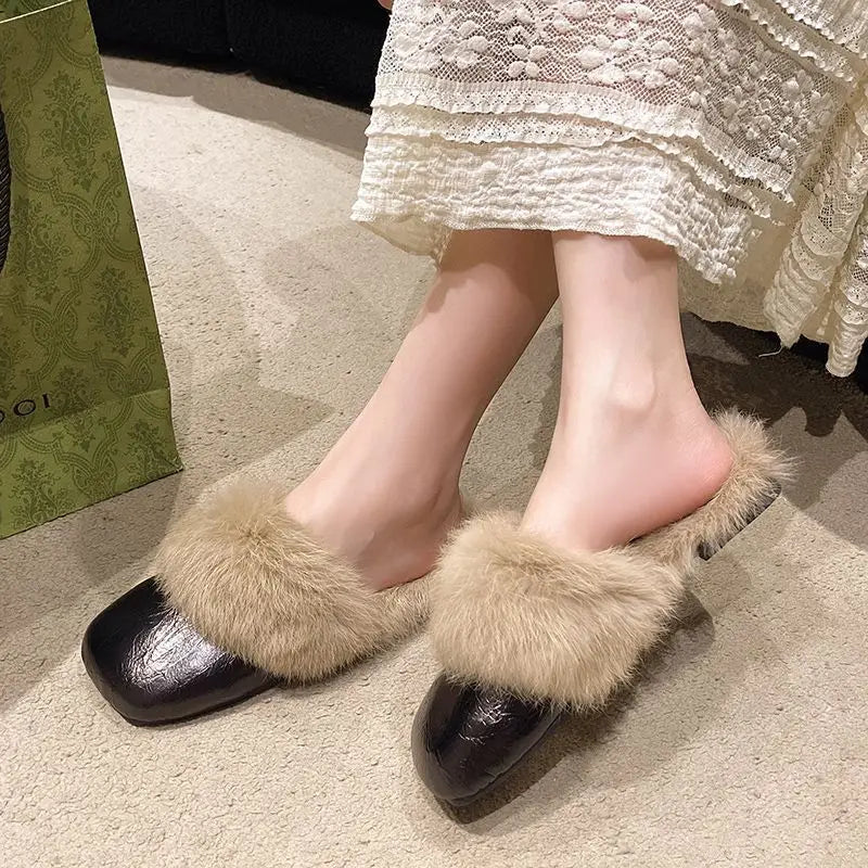 Women's Flat Slippers 2025 Autumn Winter Fashion Outdoor Warm Non Slip Plush Shoes Lightweight Comfortable Casual Half Slippers