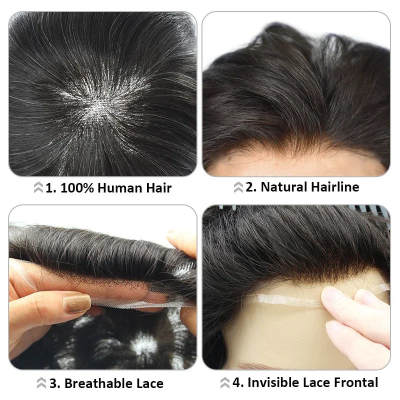 Men Human Hair Toupee Fine Mono NPU Human Hair Wigs Breathable Male Hair Prosthesis Indian Hair System Straight Wave Hairpiece