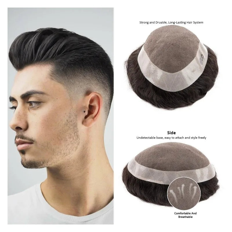 Human Hair System For Men Toupee Fine Mono Male Wig 130% Density Durable Hair Prosthesis Toupee Men 6" Hair Replacement Men Wig