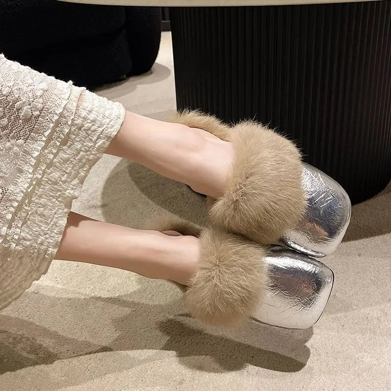 Women's Flat Slippers 2025 Autumn Winter Fashion Outdoor Warm Non Slip Plush Shoes Lightweight Comfortable Casual Half Slippers