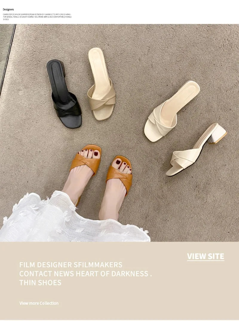 Women's Slippers Summer New Thick Heel Slipper Luxury Casual Leather Slippers for Women Square Toe Open Toe Slides Muller Slides