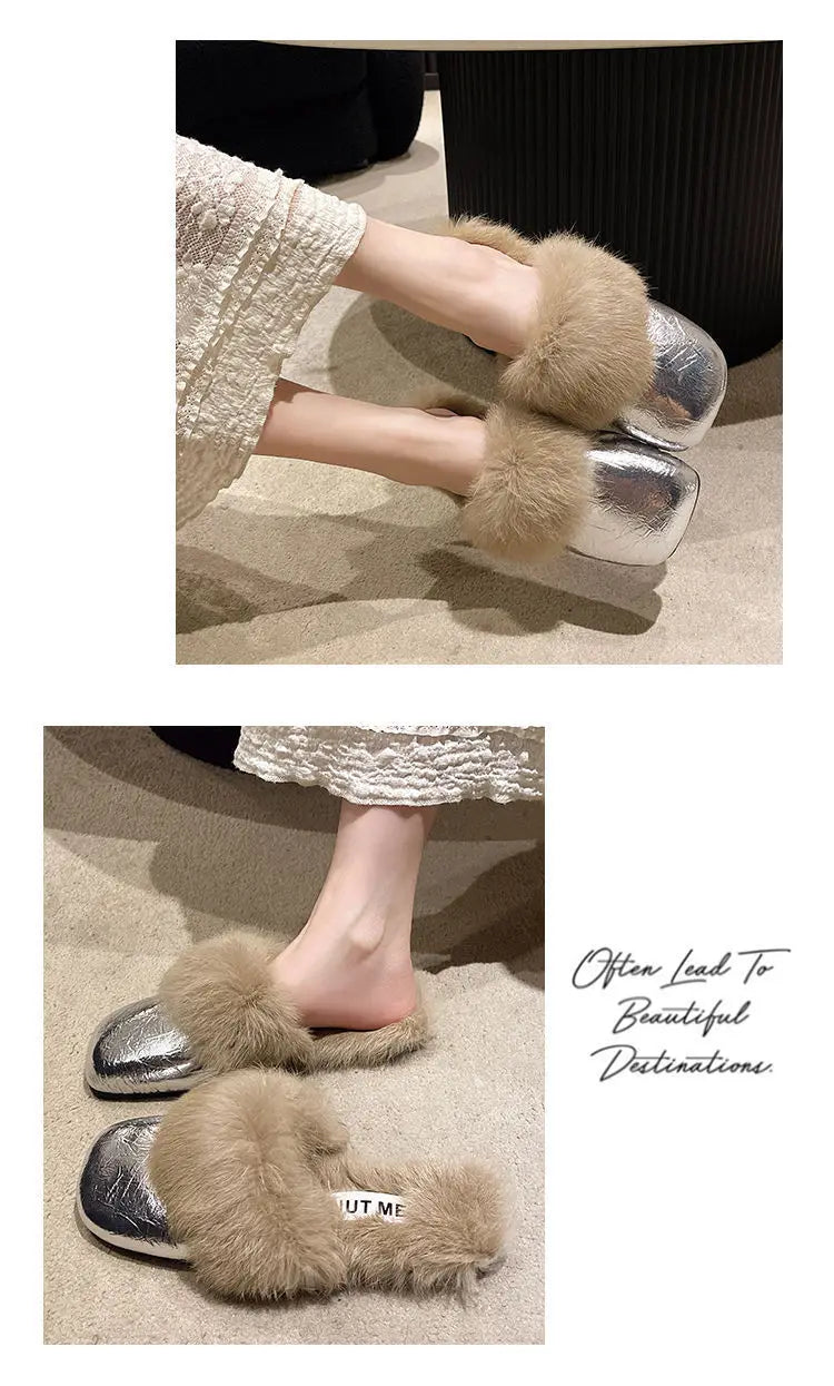 Women's Flat Slippers 2025 Autumn Winter Fashion Outdoor Warm Non Slip Plush Shoes Lightweight Comfortable Casual Half Slippers