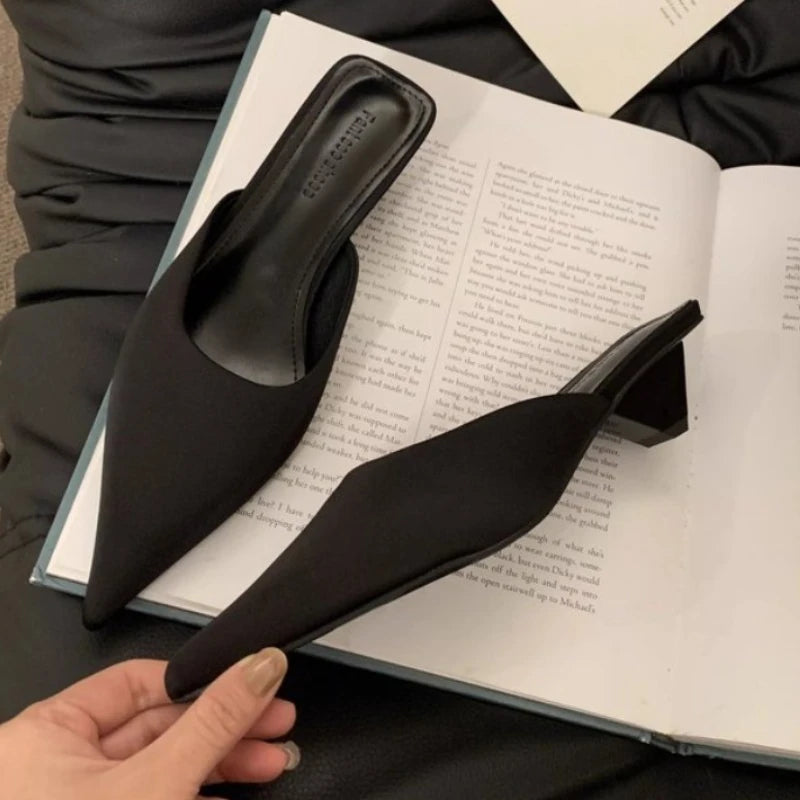 Women Slippers Pointed Toe Leopard Design Shallow Slip on Thin Low Heels Black Flock Design Casual Mules Loafers Black Outdoor