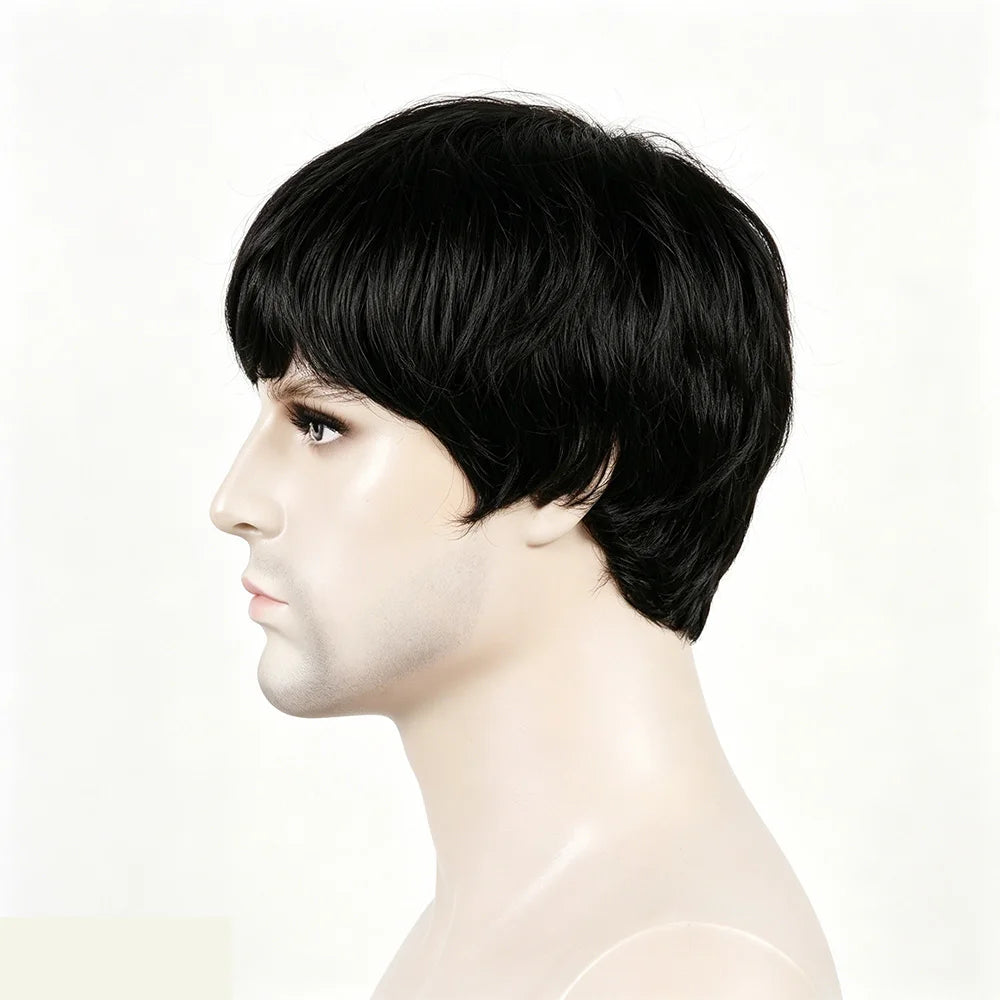 Men's Black Short Full Machine Made Wig with Straight Layered 100% Human Hair Wig with Bangs  for Daily Use