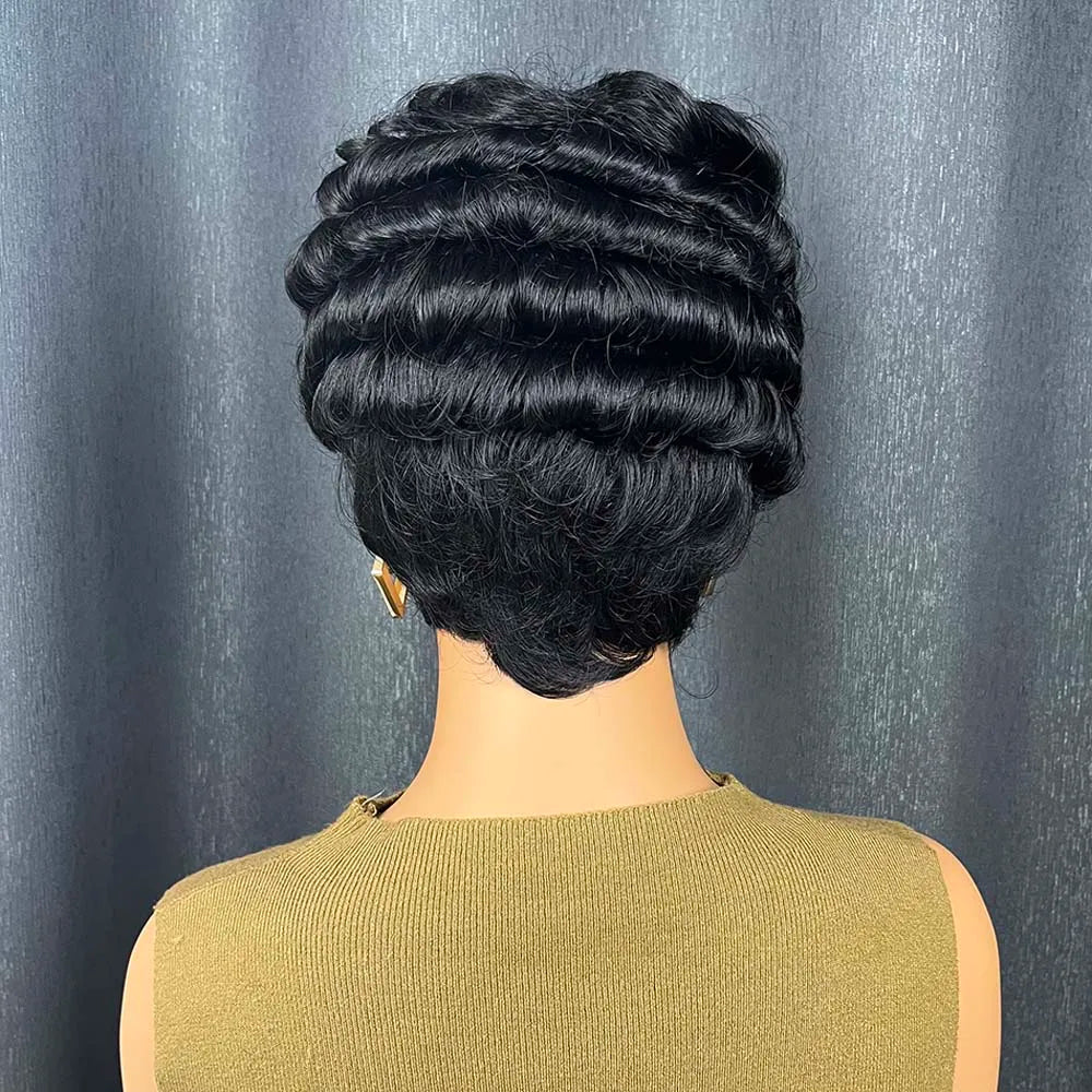 Short Human Hair Wigs for Black Women Curly Layered Pixie Cut Wig Remy Human Hair Machine Made Wigs for Daily Use