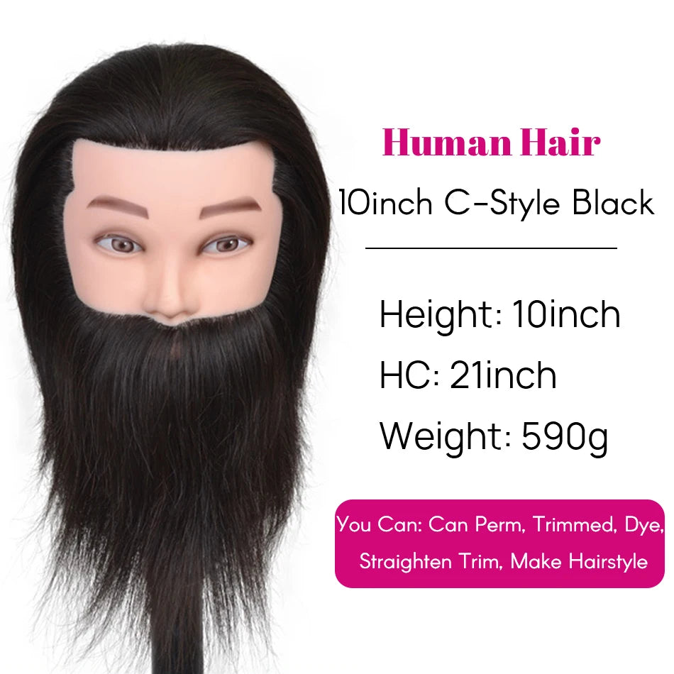100% Human Hair Male Mannequin Head With Hair Beard Practice Manikin Hairdresser Cosmetology Training Doll Head For Hair Styling