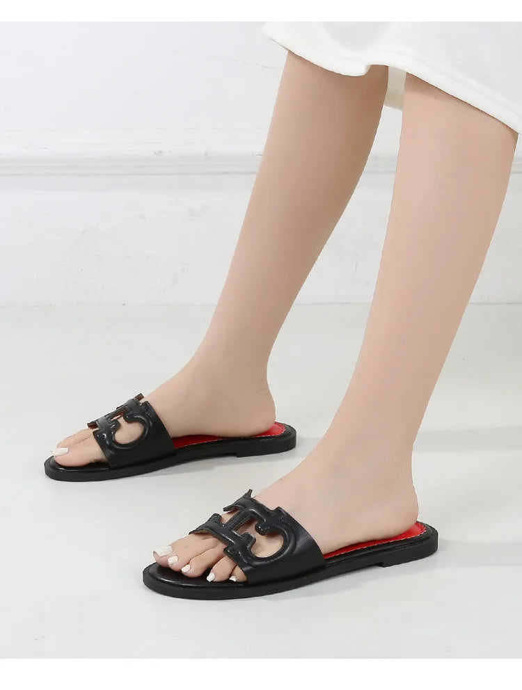 Ladies' slippers summer elegant slim-fitting breathable hollowed-out anti-slip soft-soled suitable vacation travel flat shoes
