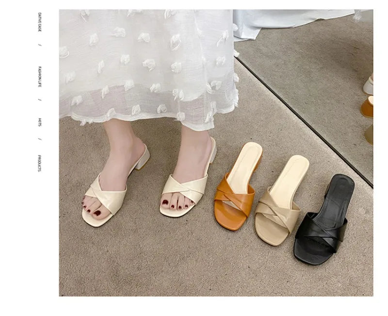 Women's Slippers Summer New Thick Heel Slipper Luxury Casual Leather Slippers for Women Square Toe Open Toe Slides Muller Slides