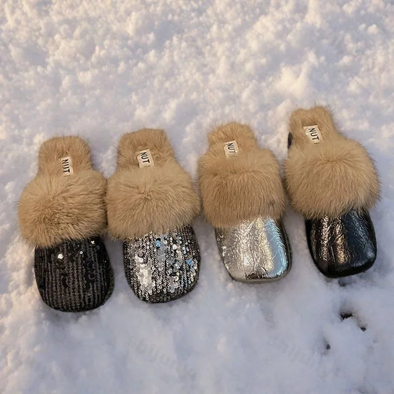 Women's Flat Slippers 2025 Autumn Winter Fashion Outdoor Warm Non Slip Plush Shoes Lightweight Comfortable Casual Half Slippers