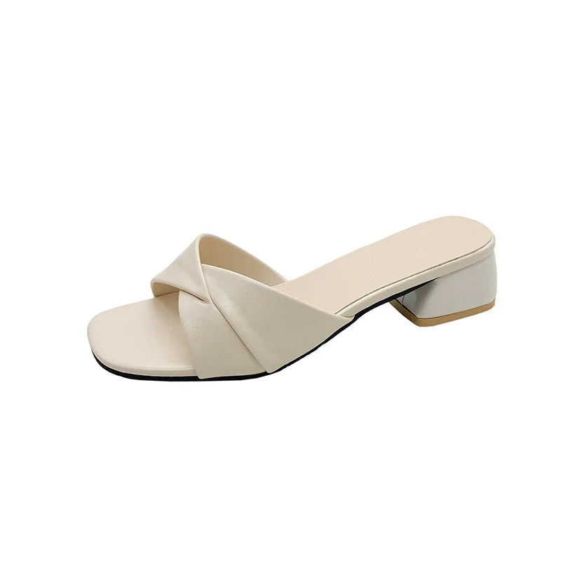Women's Slippers Summer New Thick Heel Slipper Luxury Casual Leather Slippers for Women Square Toe Open Toe Slides Muller Slides
