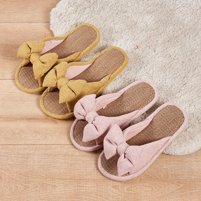 Women's Slippers for Spring, Autumn, and Summer, Indoor Home Non-Slip Wooden Floor Silent Slippers for All Seasons with Bowknot