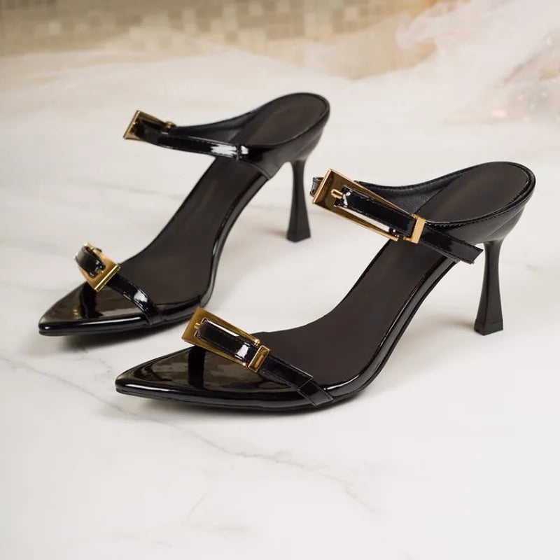 Slippers Women Summer Slides Pointed Toe High-Heeled Shoes Lady Med Cross-Tied Rubber Flip Flops Soft Thin Hawaiian Shoes Rubber