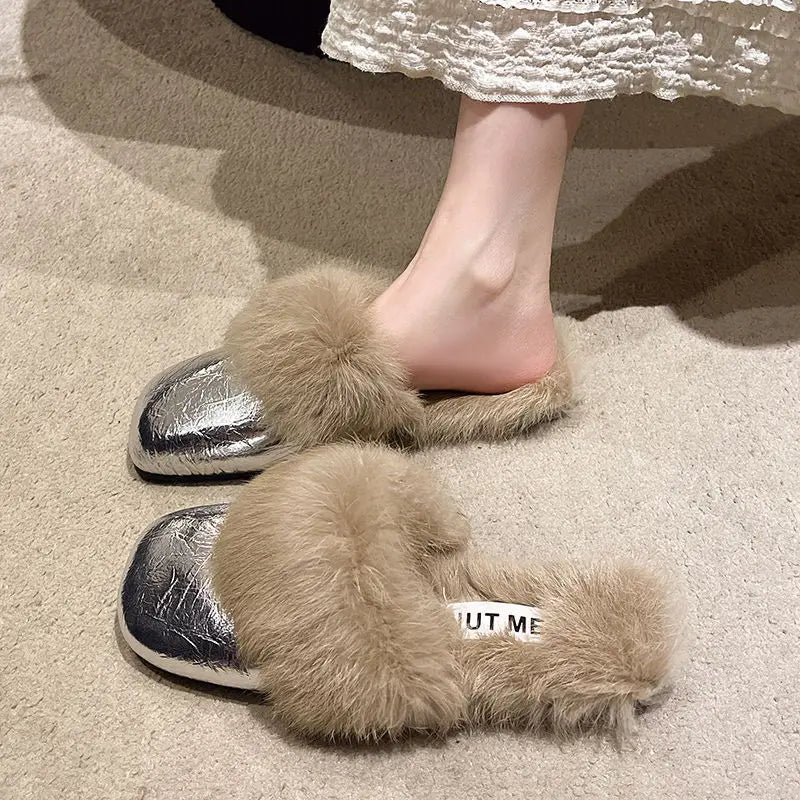 Women's Flat Slippers 2025 Autumn Winter Fashion Outdoor Warm Non Slip Plush Shoes Lightweight Comfortable Casual Half Slippers