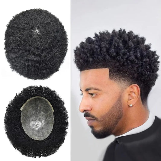 100% Human Hair Toupee For Men Curly Hair Full PU Base Men Hair System Black Men Grooming Essential