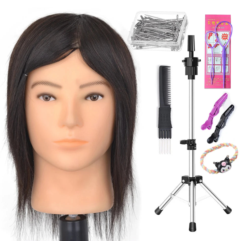 100% Human Hair Male Mannequin Head With Hair Beard Practice Manikin Hairdresser Cosmetology Training Doll Head For Hair Styling