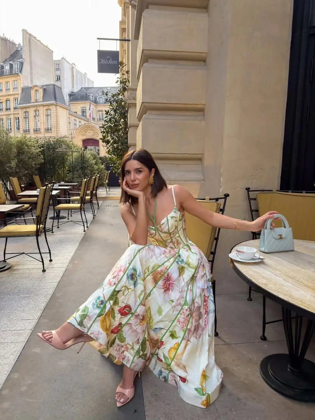 Elegant Floral Print Halter Dress Women Sleeveless Waist-closed A-line Dresses 2026 Spring Summer Fashion Female Vacation Robe