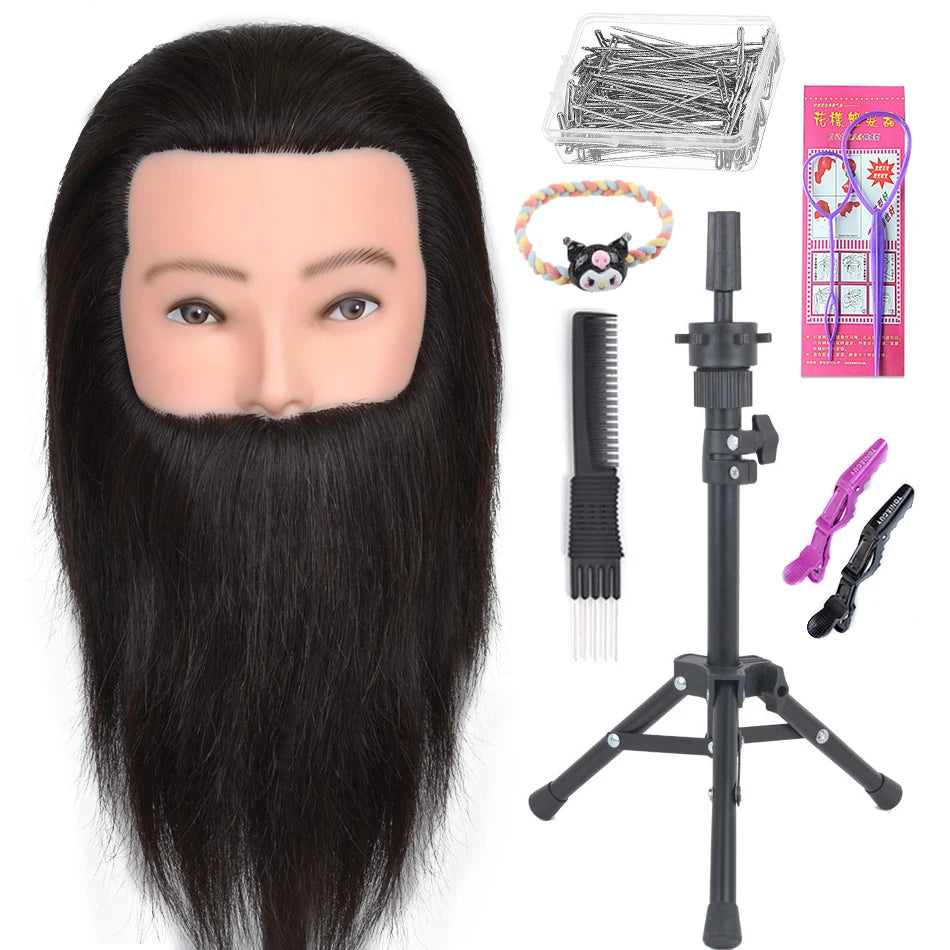 100% Human Hair Male Mannequin Head With Hair Beard Practice Manikin Hairdresser Cosmetology Training Doll Head For Hair Styling