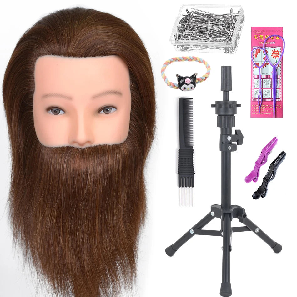100% Human Hair Male Mannequin Head With Hair Beard Practice Manikin Hairdresser Cosmetology Training Doll Head For Hair Styling