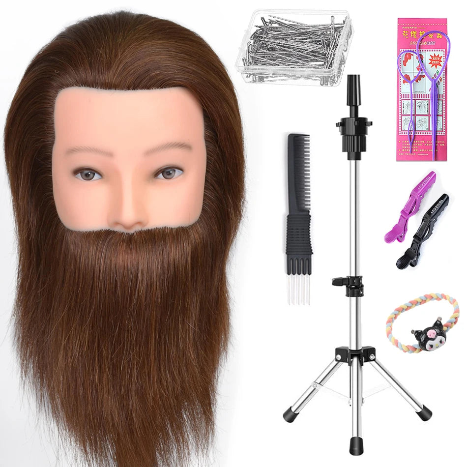 100% Human Hair Male Mannequin Head With Hair Beard Practice Manikin Hairdresser Cosmetology Training Doll Head For Hair Styling